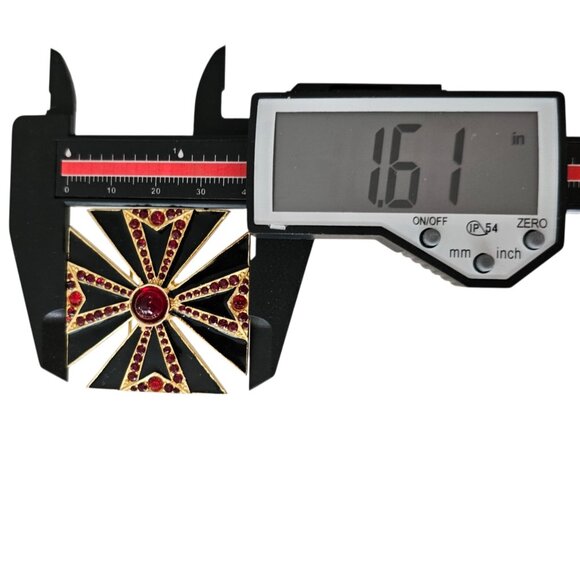 Maltese Cross Brooch Black Enamel, Red Rhinestone Pin Pendant - Picture 9 of 10